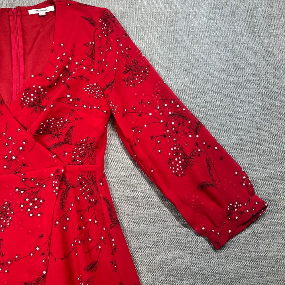Madewell Floral Mini Dress Women 4 Red Long Sleeve V-Neck Wrap Style - Picture 3 of 9